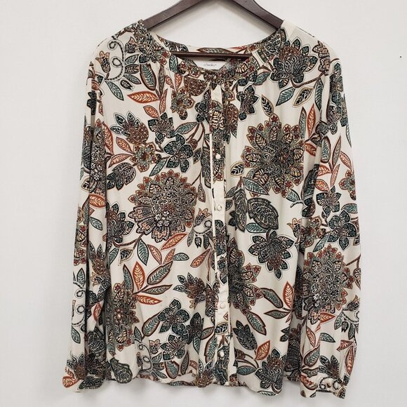 CJ Banks Womens Floral Button Up Top Size 2X Long Sleeve Modal Artsy Boho Mature - Picture 1 of 9
